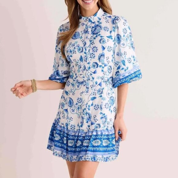 Avara | NWT Peyton Dress Balloon Sleeve High Neck Chinoiserie Floral Size L - Picture 2 of 15